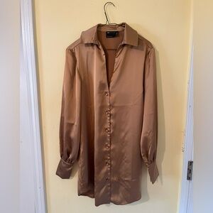 ASOS Design Satin Shirt Dress in Camel